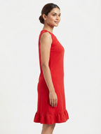 Red Solid Regular Fit Sleeveless Dress with Ruffle Hem