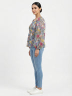 Light Blue Floral & Butterfly Print Smocked Top