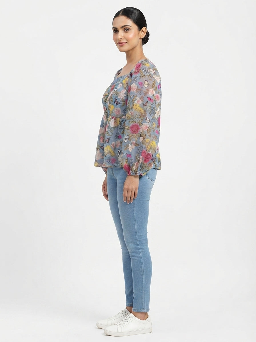 Light Blue Floral & Butterfly Print Smocked Top