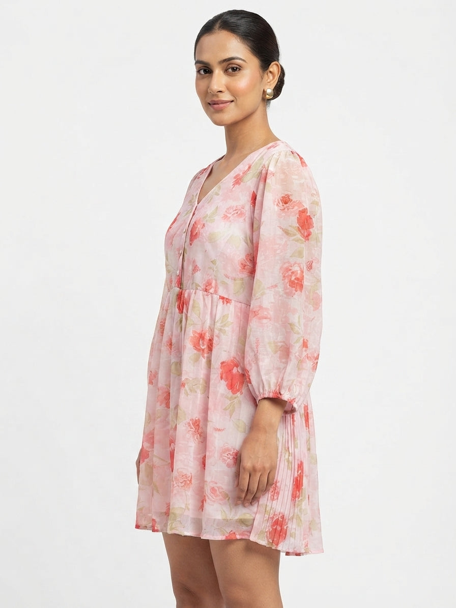 Women's Pink Floral Printed Casual Dress