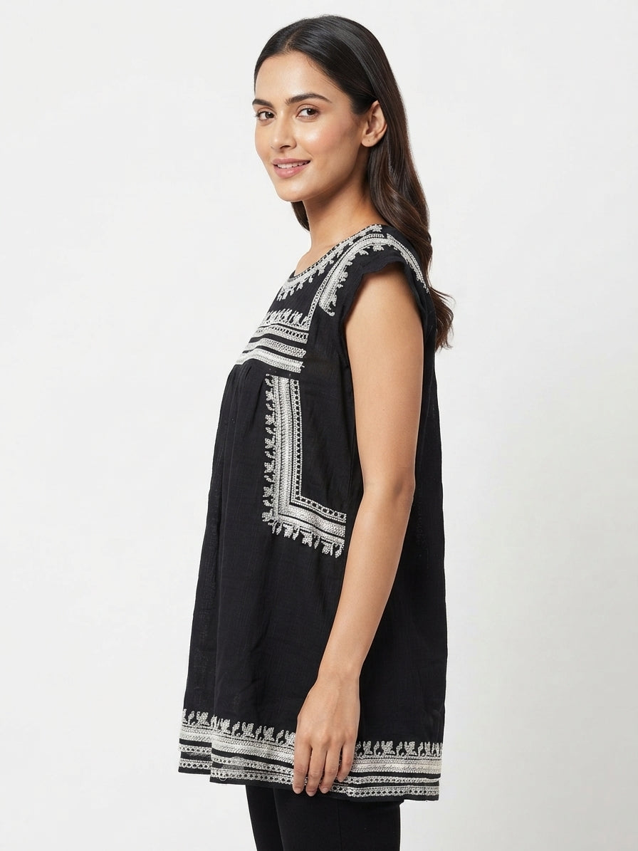 Black Ethnic Print Embroidered Relaxed Fit Dress