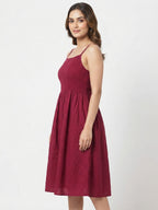 Maroon A-line Shirred Strappy Dress