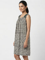 Women's Off White & Black Abstract Print Sleeveless Dress