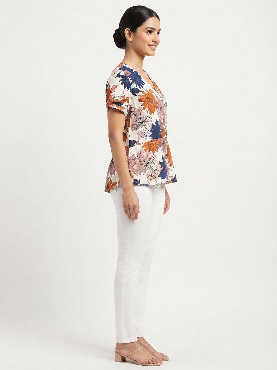 Women's Multi Floral Print V-Neck Short Sleeve Top