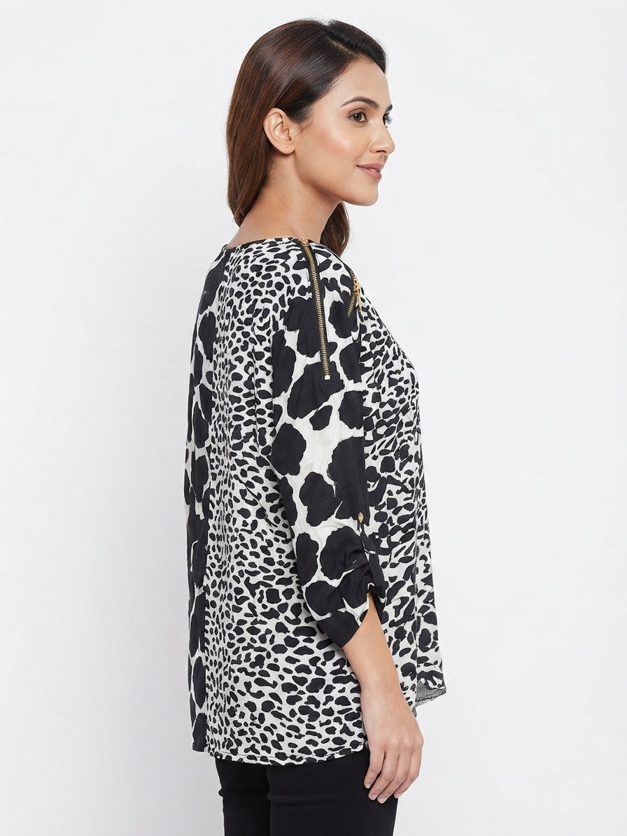 Women's Multi-Color Animal Print Relaxed Fit Top with Zipper Detail