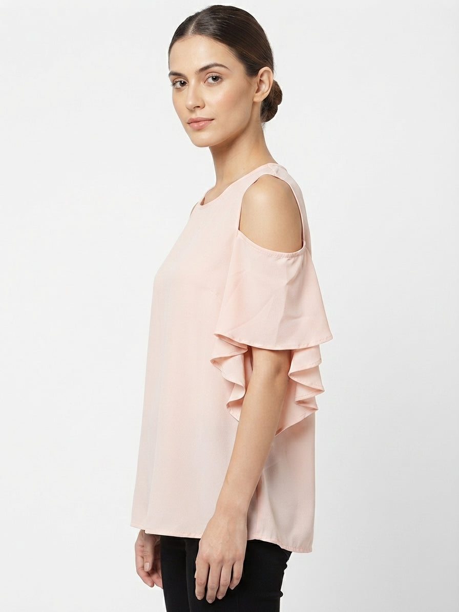 Peach Solid Cold Shoulder Ruffled Top