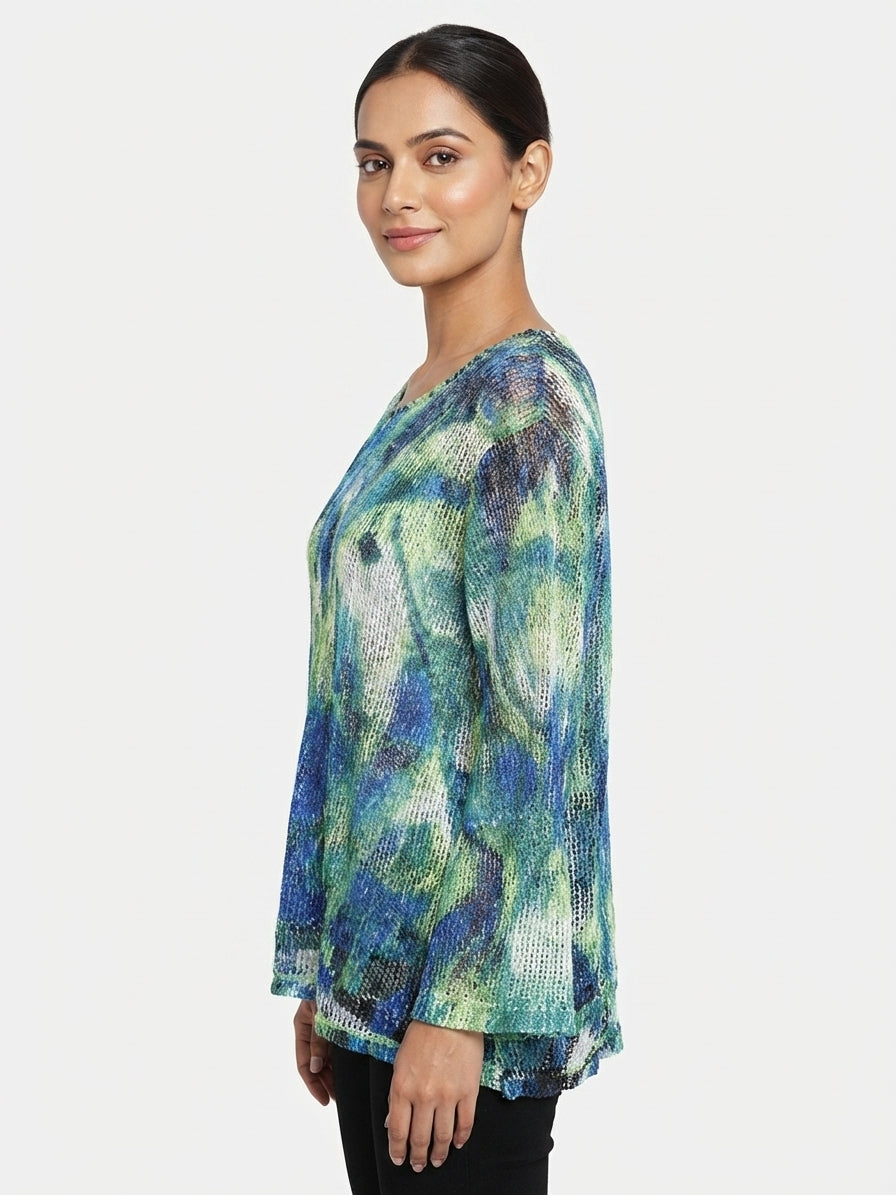 Women's Multi-Color Abstract Print Knit Long Sleeve Top