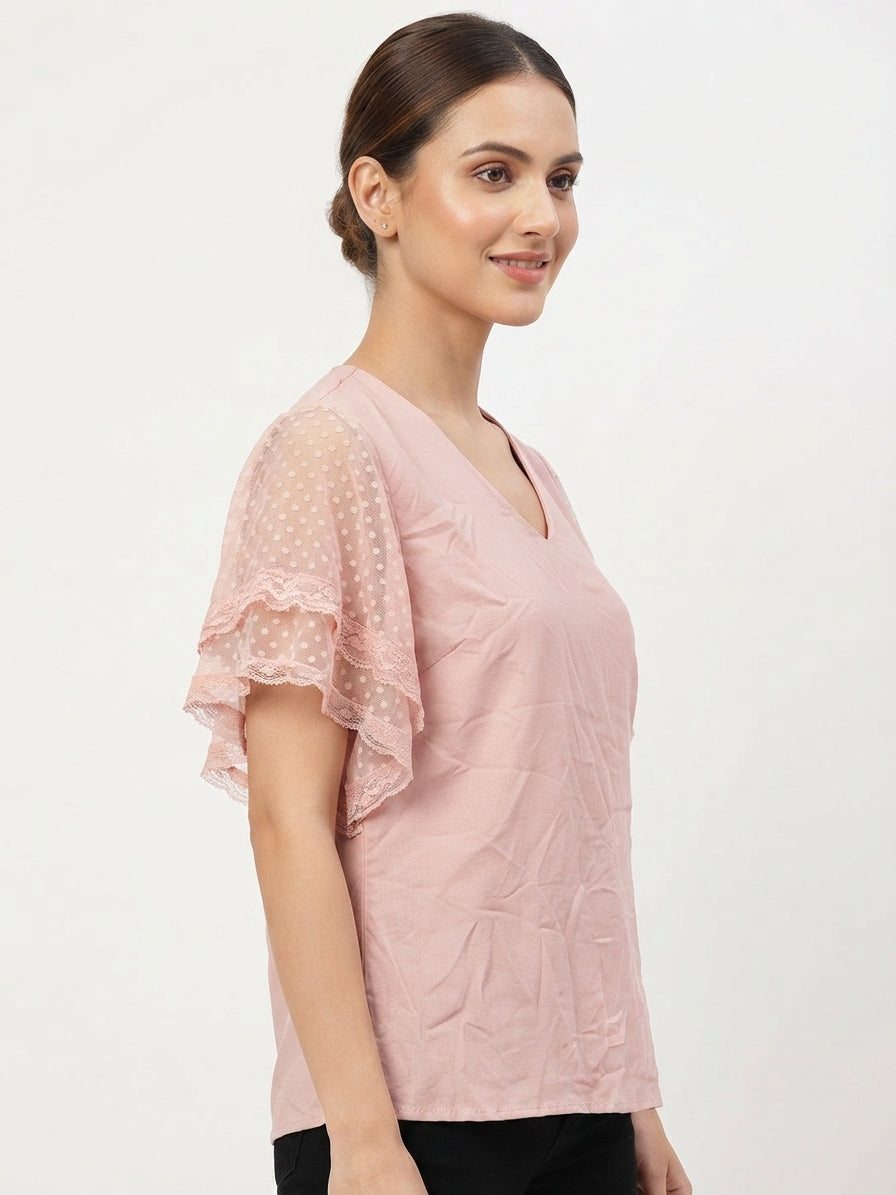Women's Pink Solid V-Neck Top with Dotted Mesh Sleeves