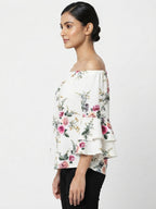 Women's White Floral Print Off-Shoulder Top