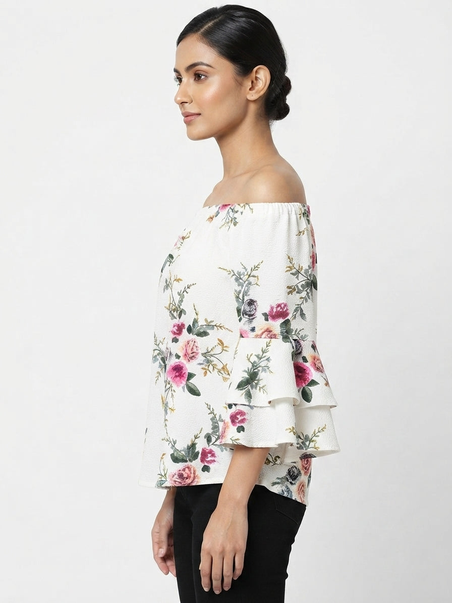 Women's White Floral Print Off-Shoulder Top