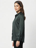 Dark Green Solid Polyester Casual Shirt