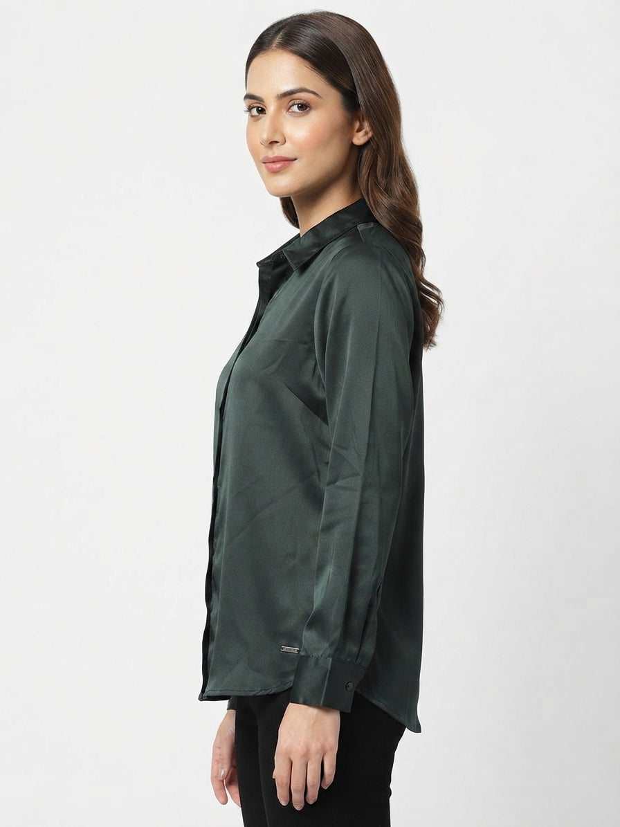 Dark Green Solid Polyester Casual Shirt