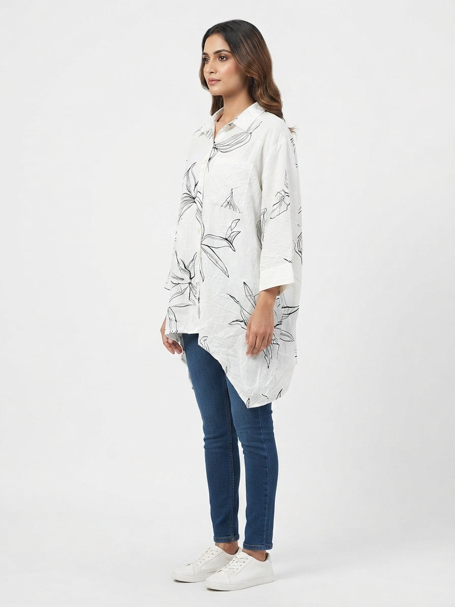 White Floral Printed Oversized Casual Shirt