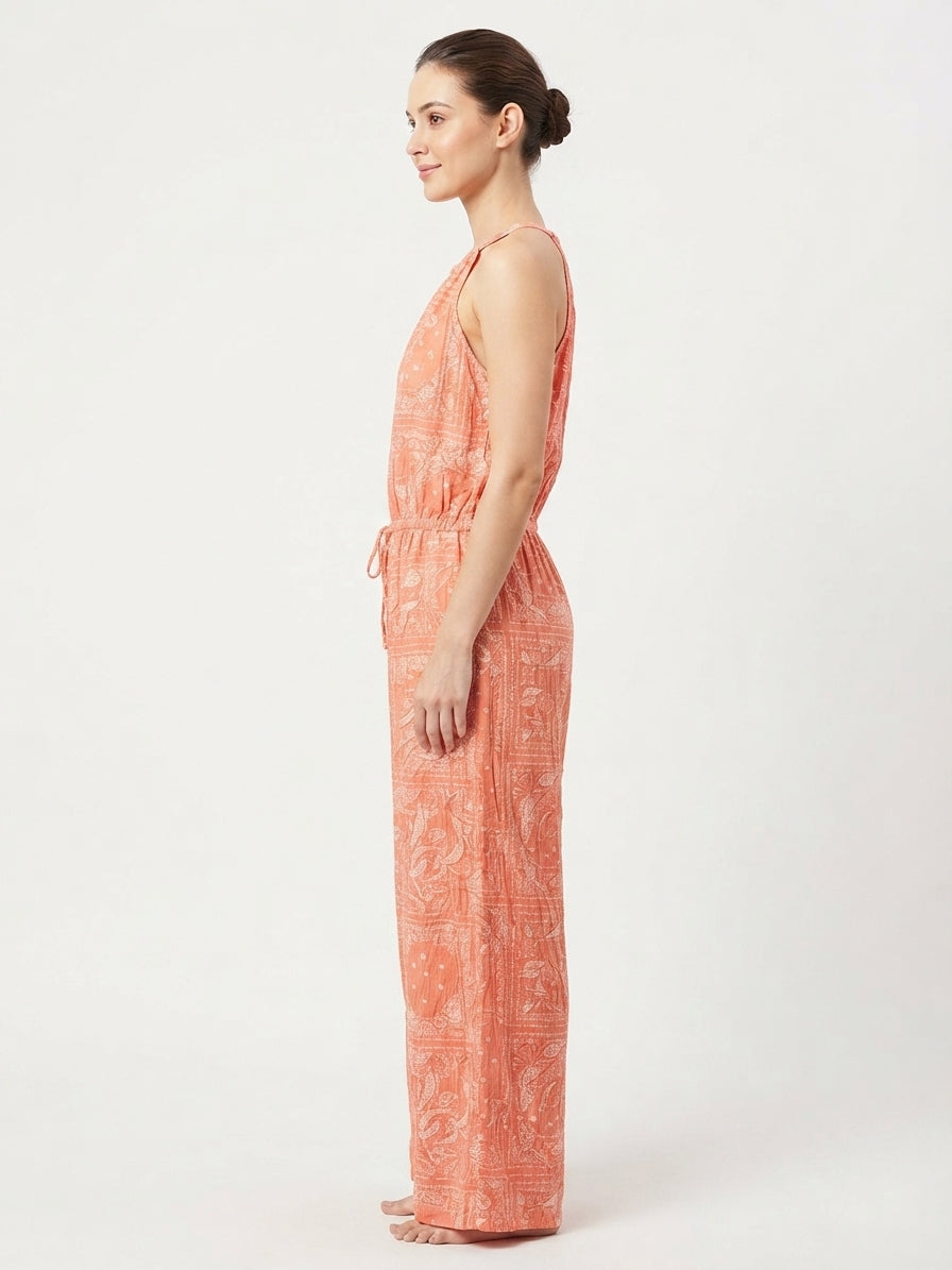 Peach Printed Halter Neck Jumpsuit