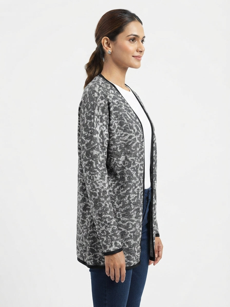 Women's Grey Abstract Print Relaxed Fit Cardigan