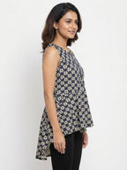 Women's Navy Printed Sleeveless Flared Top