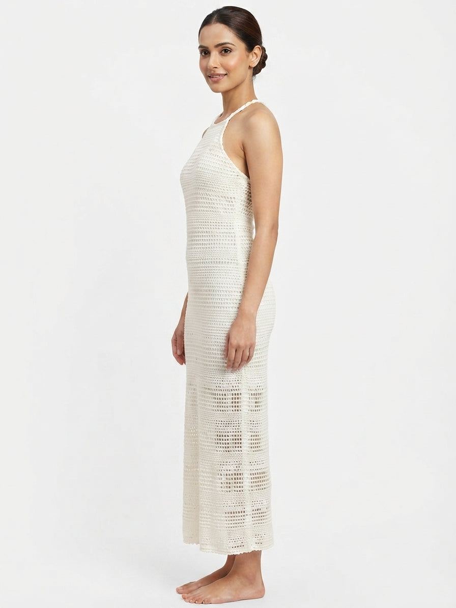 White Textured Halter Neck Slim Fit Dress
