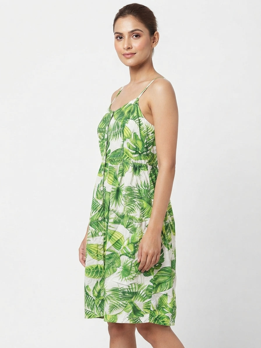 Women's Green and White Leaf Print Spaghetti Strap Dress