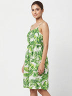 Women's Green and White Leaf Print Spaghetti Strap Dress