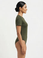 Women's Dark Green Solid Short Sleeve Bodysuit