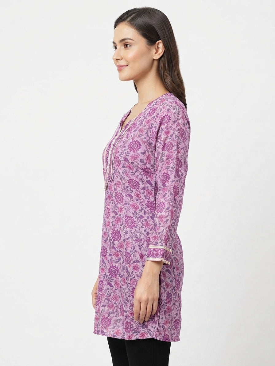 Light Purple Floral Printed Regular Fit Kurti