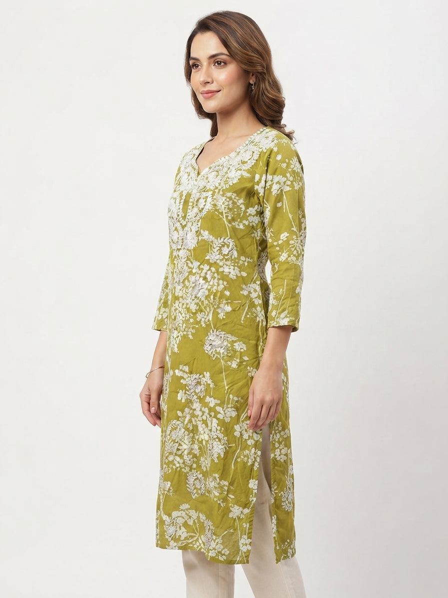 Women's Olive Green Ethnic Embroidered Kurti