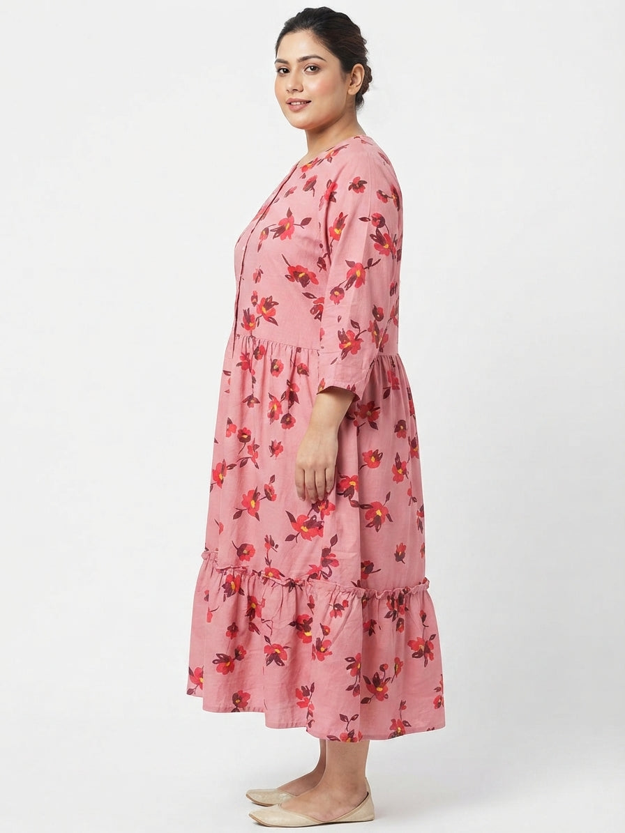 Pink Floral Printed Tiered Relaxed Fit Dress