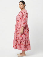 Pink Floral Printed Tiered Relaxed Fit Dress