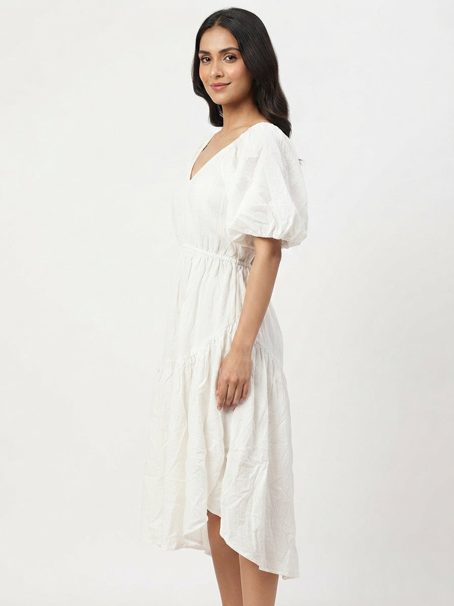 White Solid Off-Shoulder Casual Dress