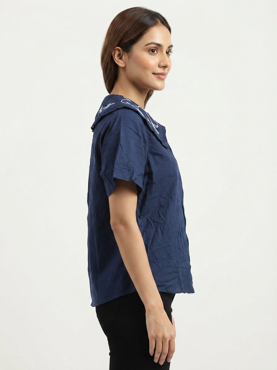 Women's Navy Floral Embroidered Collar Short Sleeve Top
