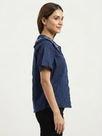 Women's Navy Floral Embroidered Collar Short Sleeve Top