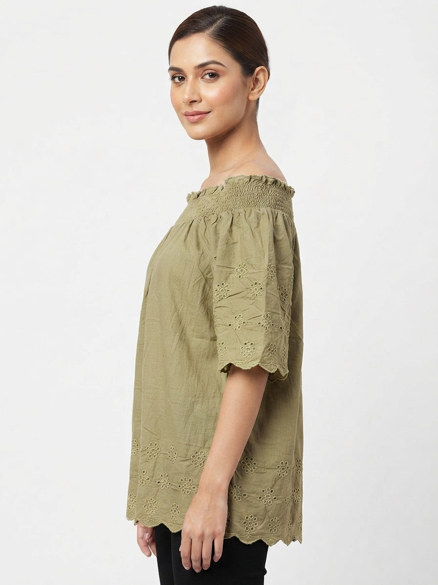 Women's Olive Embellished Smocked Top