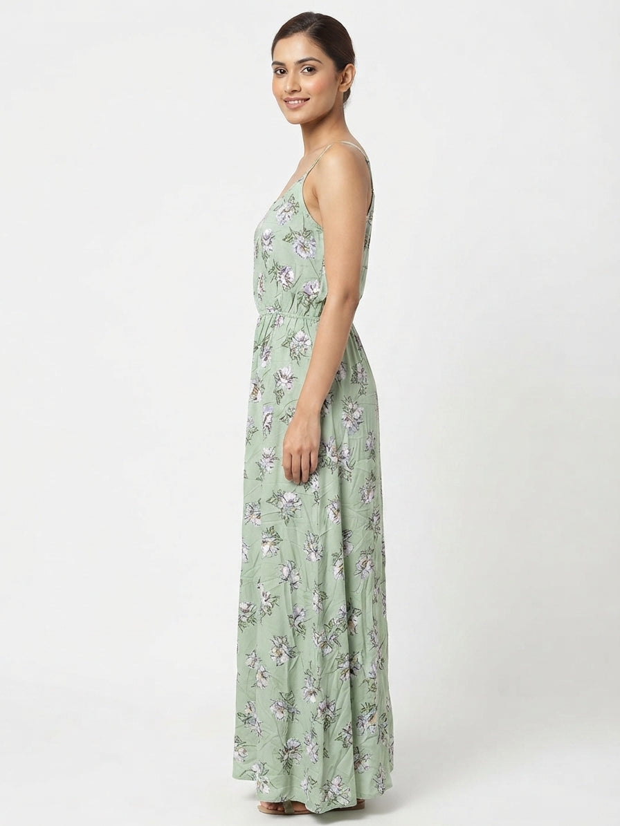 Mint Green Floral Print Spaghetti Strap Maxi Dress