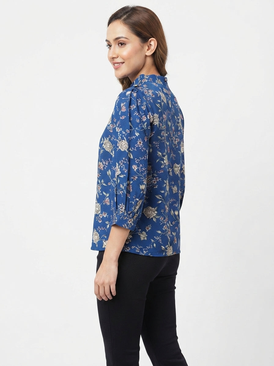 Women's Blue Floral Printed Regular Fit Top