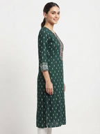 Dark Green Ethnic Print Viscose Kurti with Embroidered Yoke