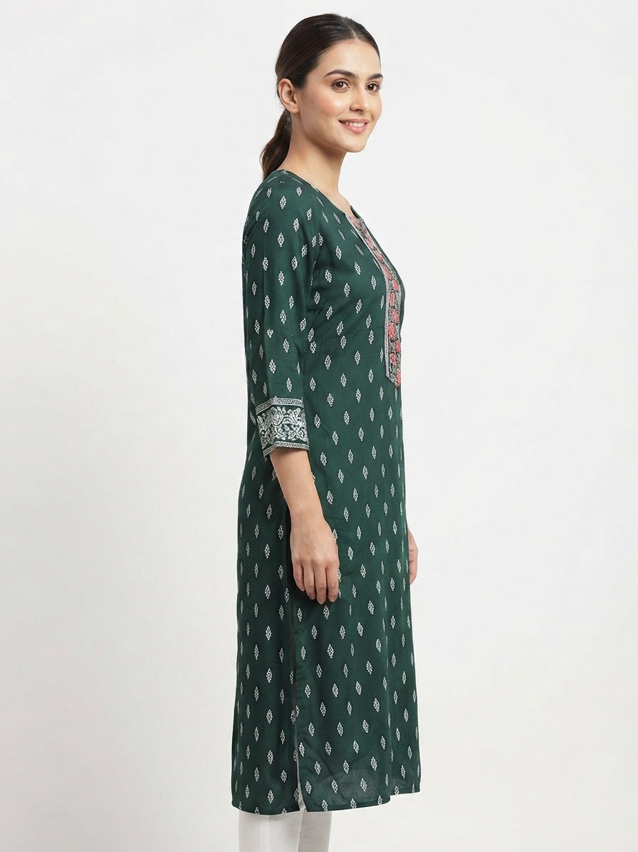 Dark Green Ethnic Print Viscose Kurti with Embroidered Yoke