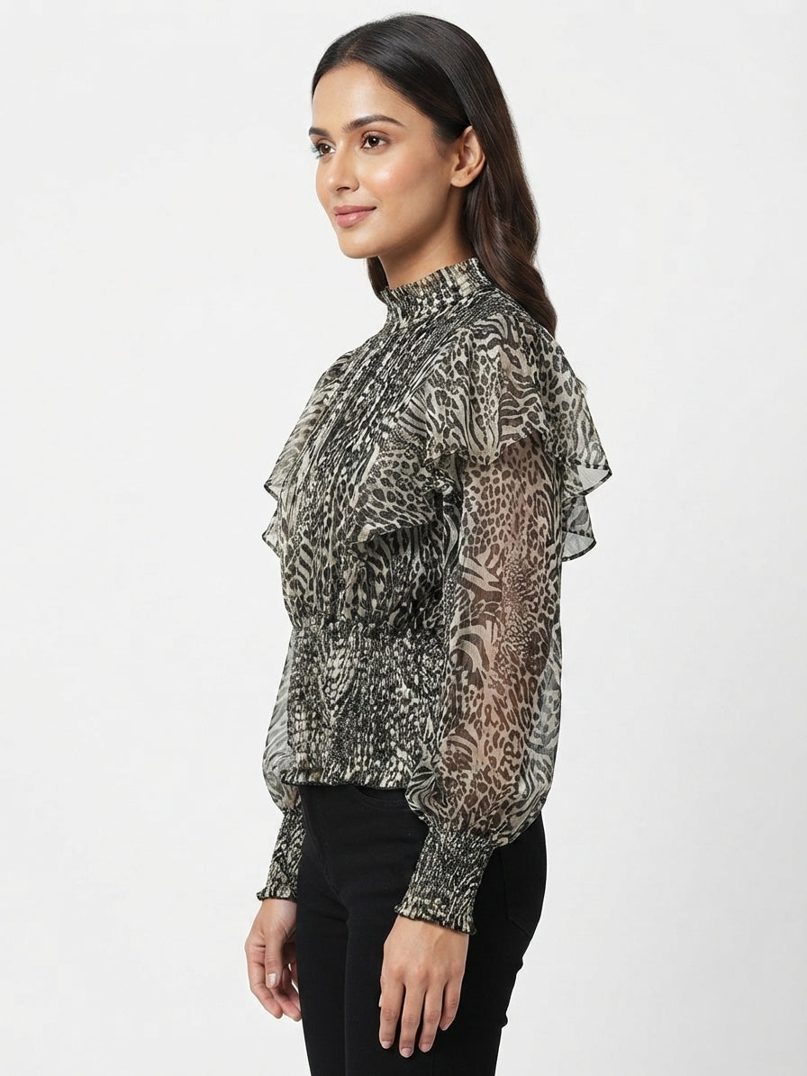 Women's Multi Animal Print Shimmer High Neck Smocked Top