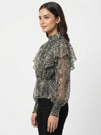 Women's Multi Animal Print Shimmer High Neck Smocked Top