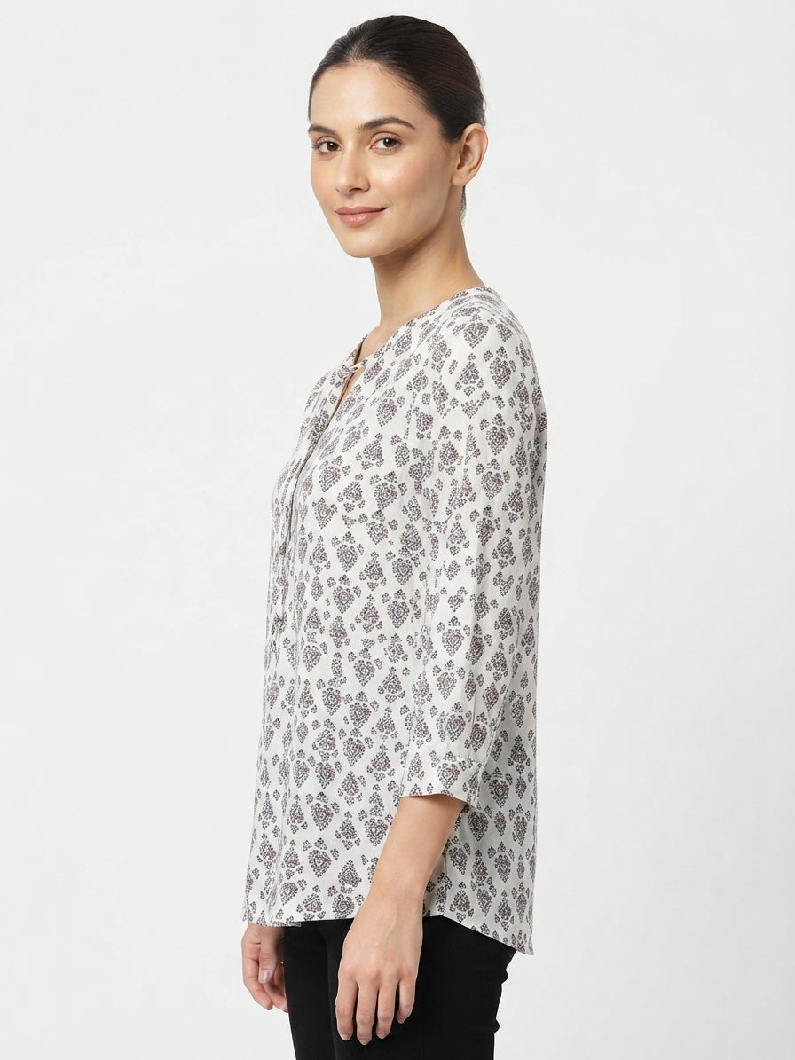 White Ethnic Print V-Neck Top