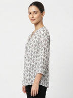White Ethnic Print V-Neck Top