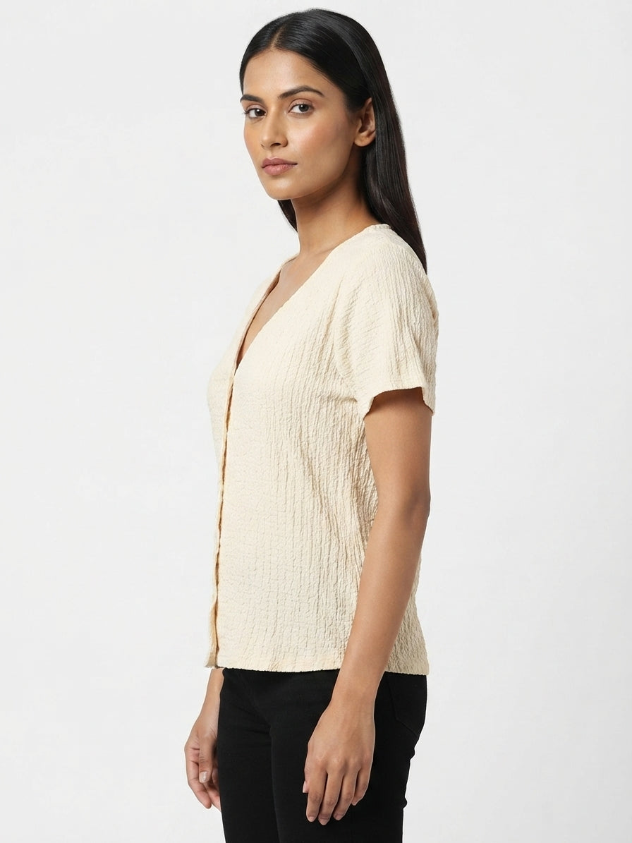 Cream Textured V-Neck Short Sleeve Top
