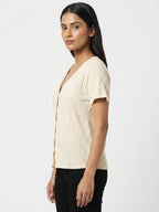 Cream Textured V-Neck Short Sleeve Top