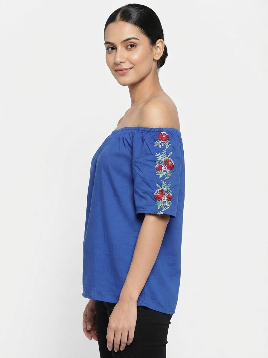 Women's Blue Floral Embroidered Off-Shoulder Top