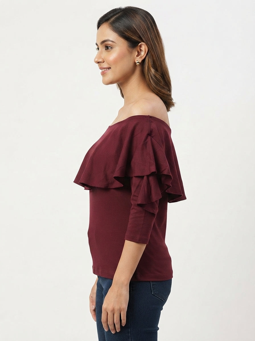 Women's Maroon Solid Regular Fit Ruffled Top