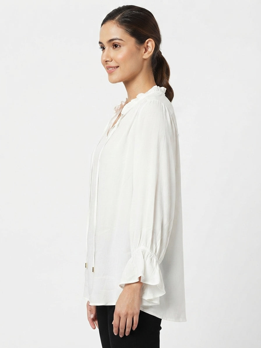 White Relaxed Fit Ruffled Blouse