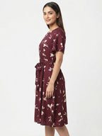 Burgundy Floral Printed Tie-Waist Regular Fit Dress