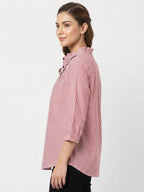 Women's Striped Ruffled Neck 3/4 Sleeve Top - Wine & White