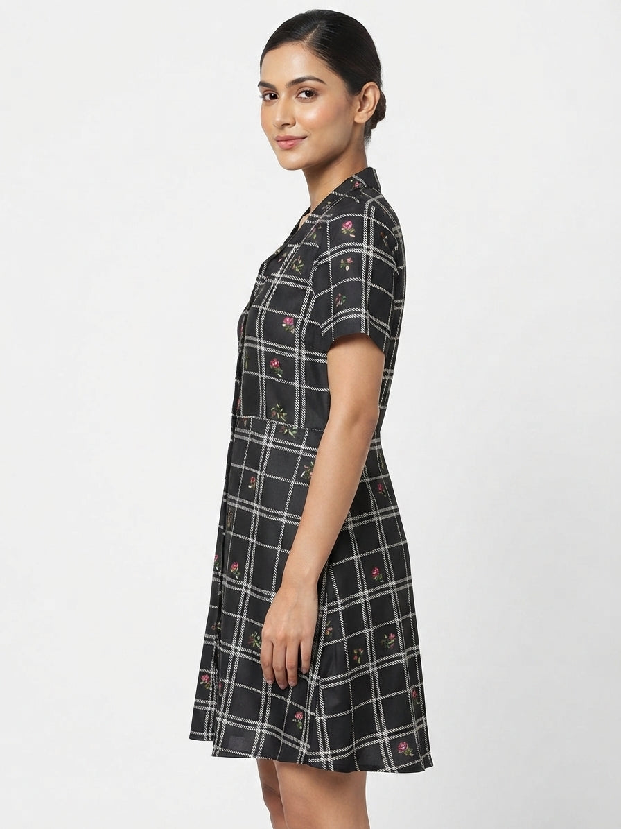 Black Checkered Floral Print Short Sleeve Dress