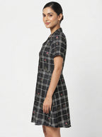 Black Checkered Floral Print Short Sleeve Dress
