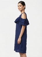Navy Blue Ruffled Cold Shoulder Dress